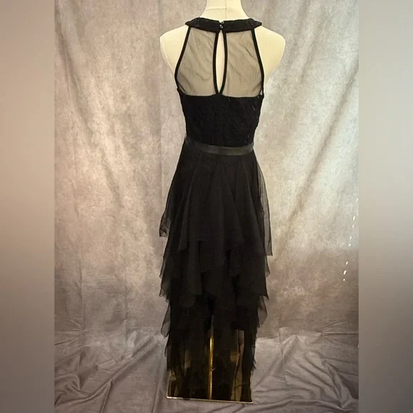 Elegant Black Halter Formal Sheer Illusion Dress layered tulle prom bow sequin - Picture 7 of 10